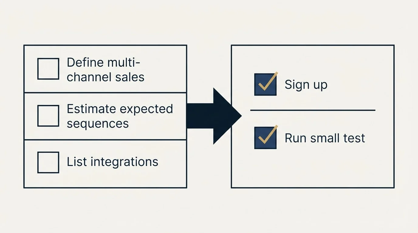 Before-and-after steps: Getting Started Checklist (Define multi-channel sales, Estimate expected sequences, List integrations, Sign up)