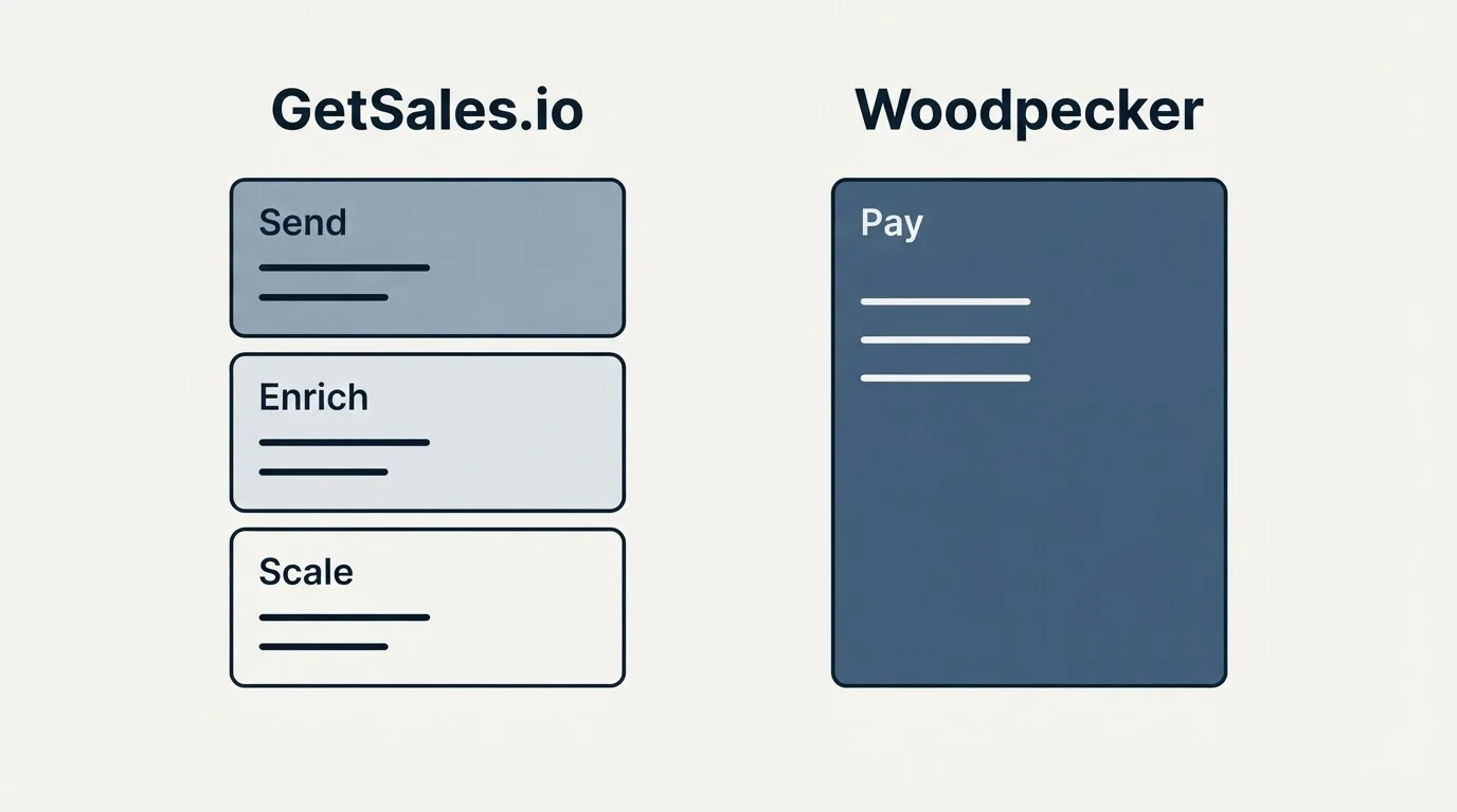 Pricing panels: Pricing Comparison (GetSales.io, Woodpecker, Send, Pay)