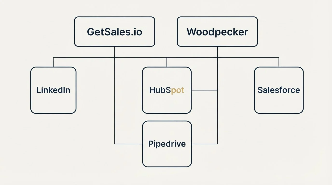 Integration grid: Integration Ecosystem (GetSales.io, Woodpecker, HubSpot, Salesforce)