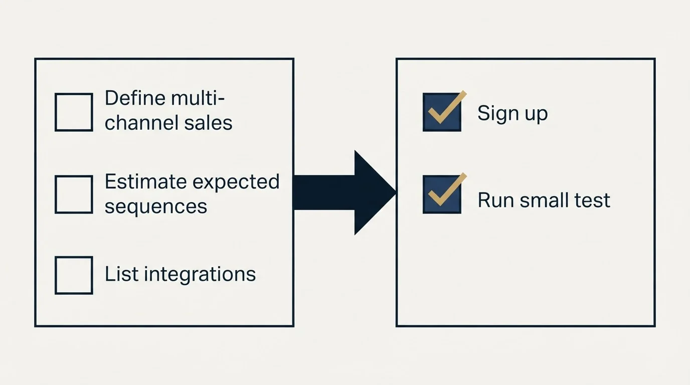 Before-and-after steps: Getting Started Checklist (Define multi-channel sales, Estimate expected sequences, List integrations, Sign up)