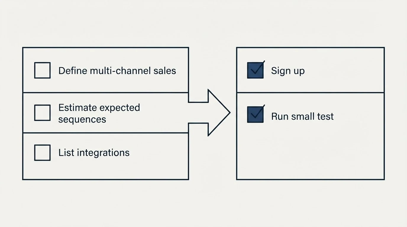 Before-and-after steps: Getting Started Checklist (Define multi-channel sales, Estimate expected sequences, List integrations, Sign up)