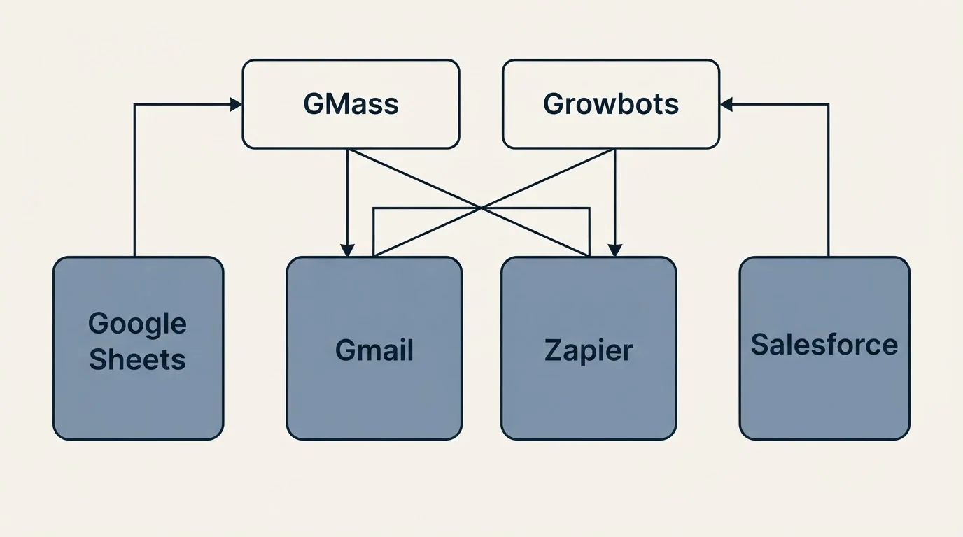Integration grid: Integration Ecosystem (GMass, Growbots, Gmail, Zapier)