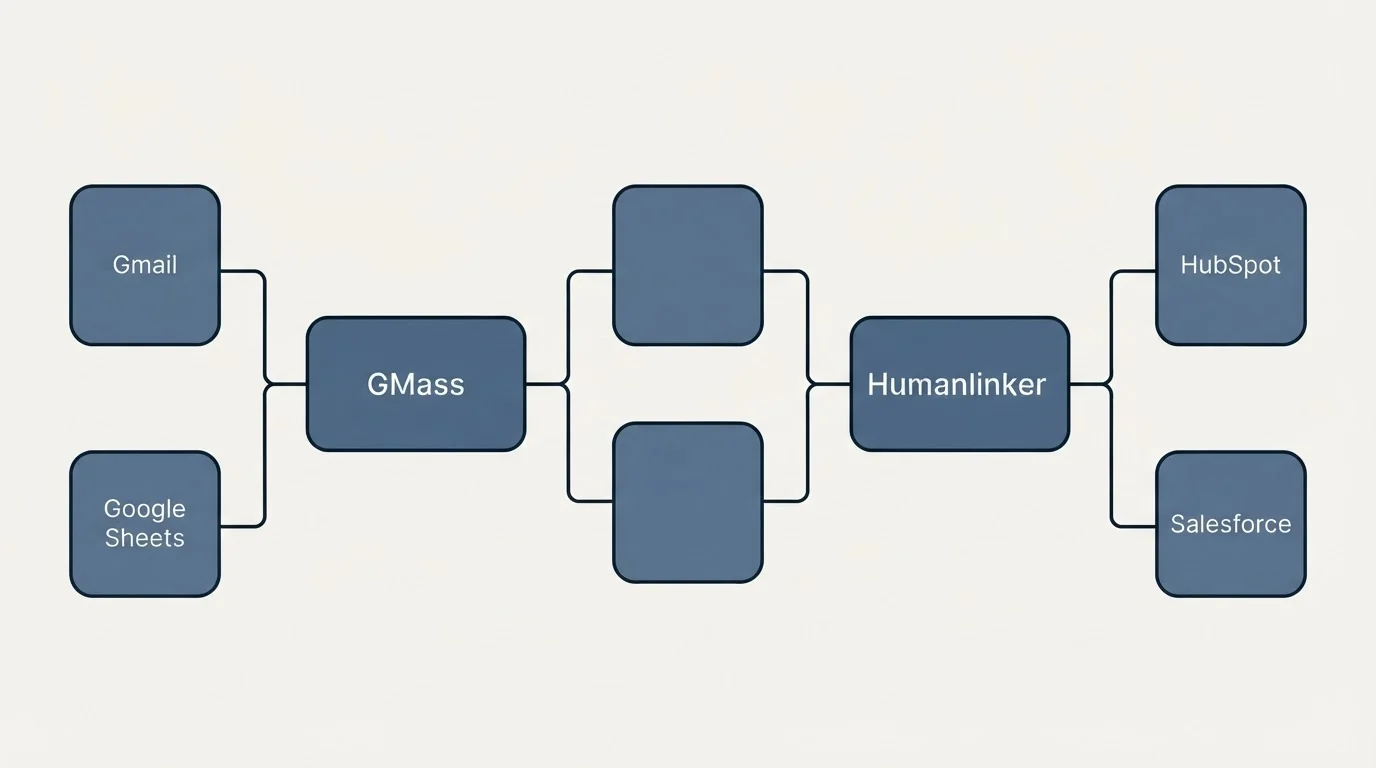 Integration flow: Integration Ecosystem (GMass, Humanlinker, Gmail, HubSpot)