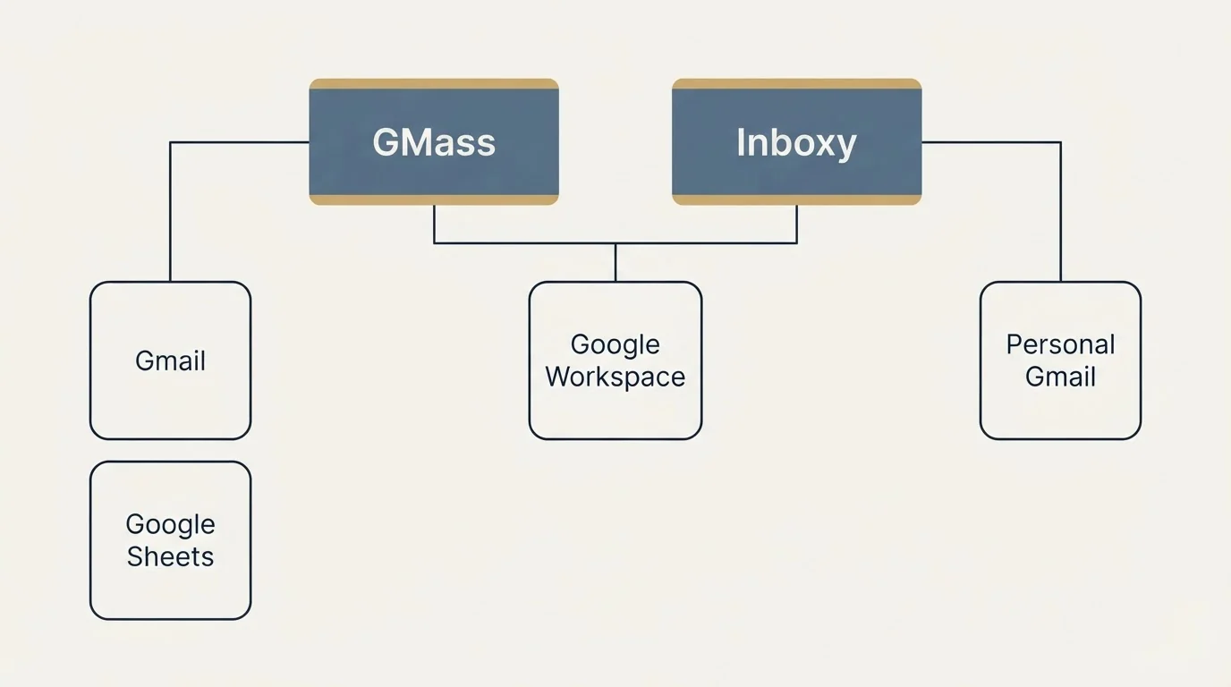 Integration grid: Integration Ecosystem (GMass, Inboxy, Google Workspace, Gmail)