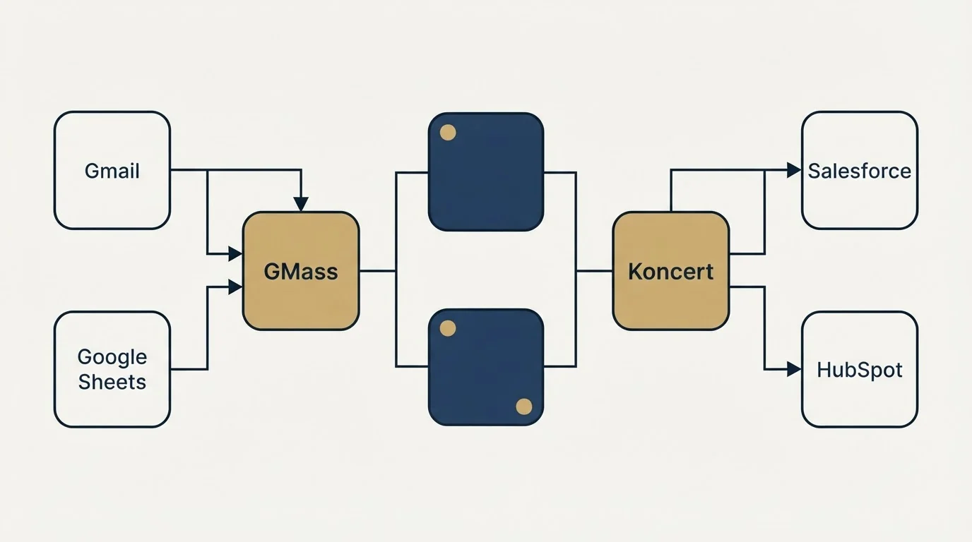 Integration flow: Integration Ecosystem (GMass, Koncert, Gmail, Salesforce)