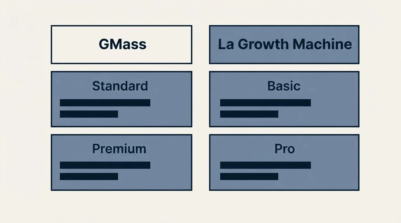 Pricing table: Pricing Comparison (GMass, La Growth Machine, Standard, Basic)