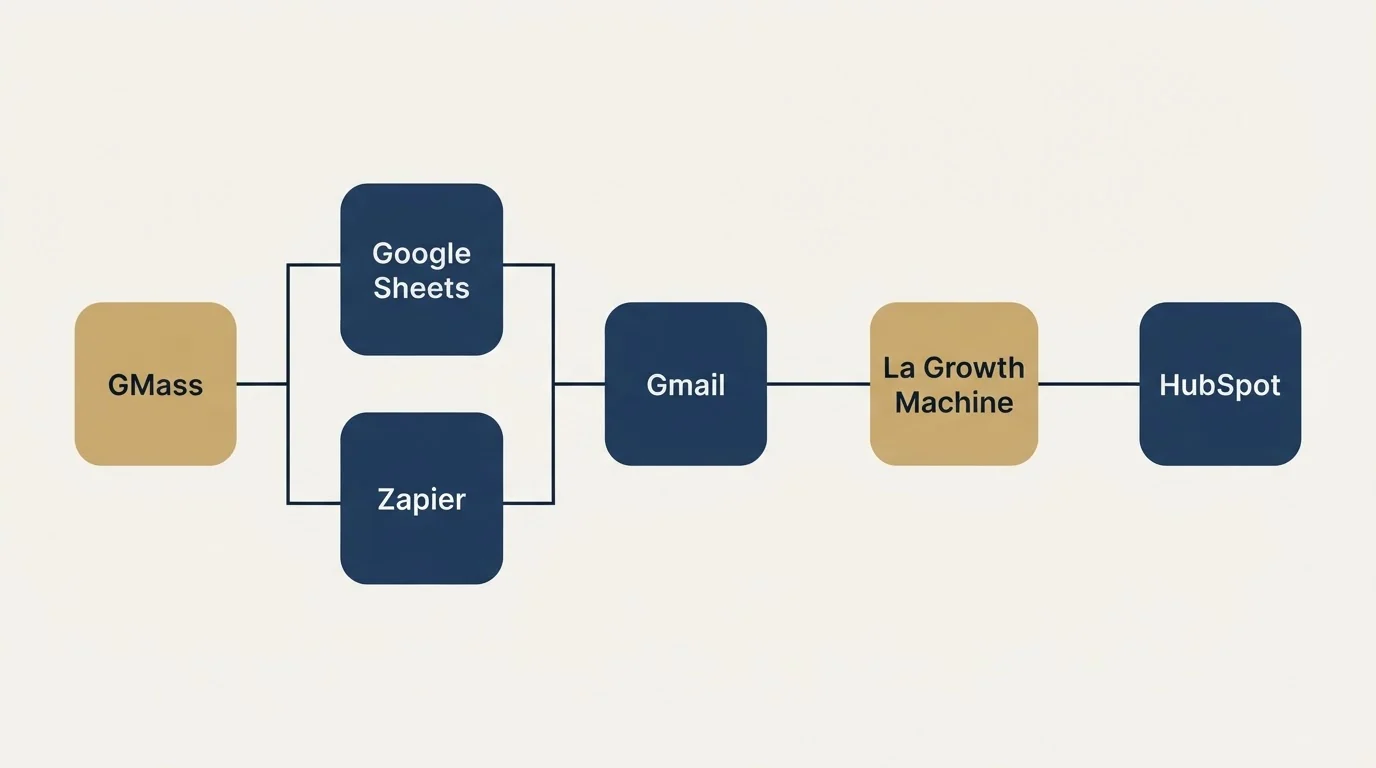 Integration flow: Integration Ecosystem (GMass, La Growth Machine, Gmail, Google Sheets)