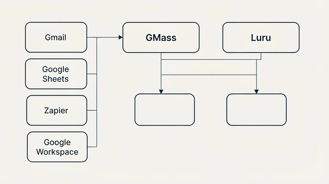 Integration grid: Integration Ecosystem (GMass, Luru, Gmail, Google Sheets)