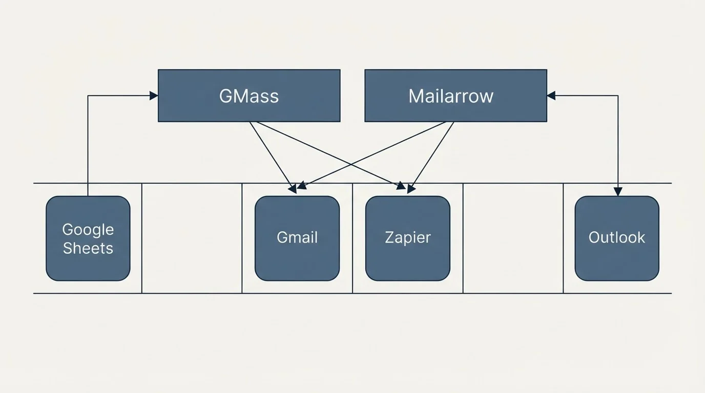 Integration grid: Integration Ecosystem (GMass, Mailarrow, Gmail, Zapier)