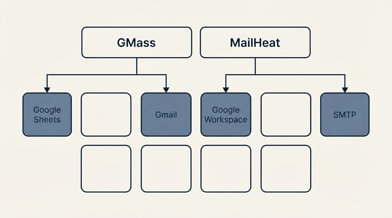 Integration grid: Integration Ecosystem (GMass, MailHeat, Gmail, Google Workspace)