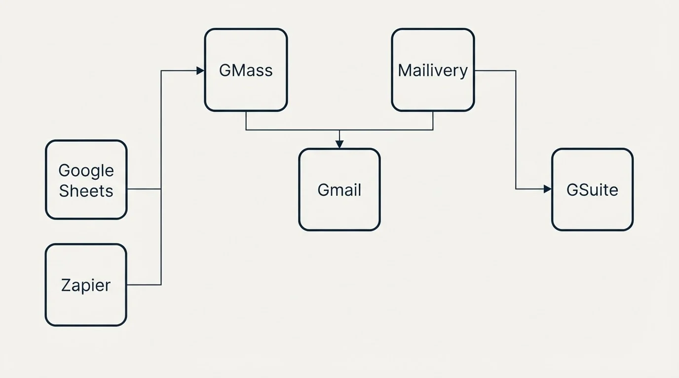 Integration grid: Integration Ecosystem (GMass, Mailivery, Gmail, Google Sheets)