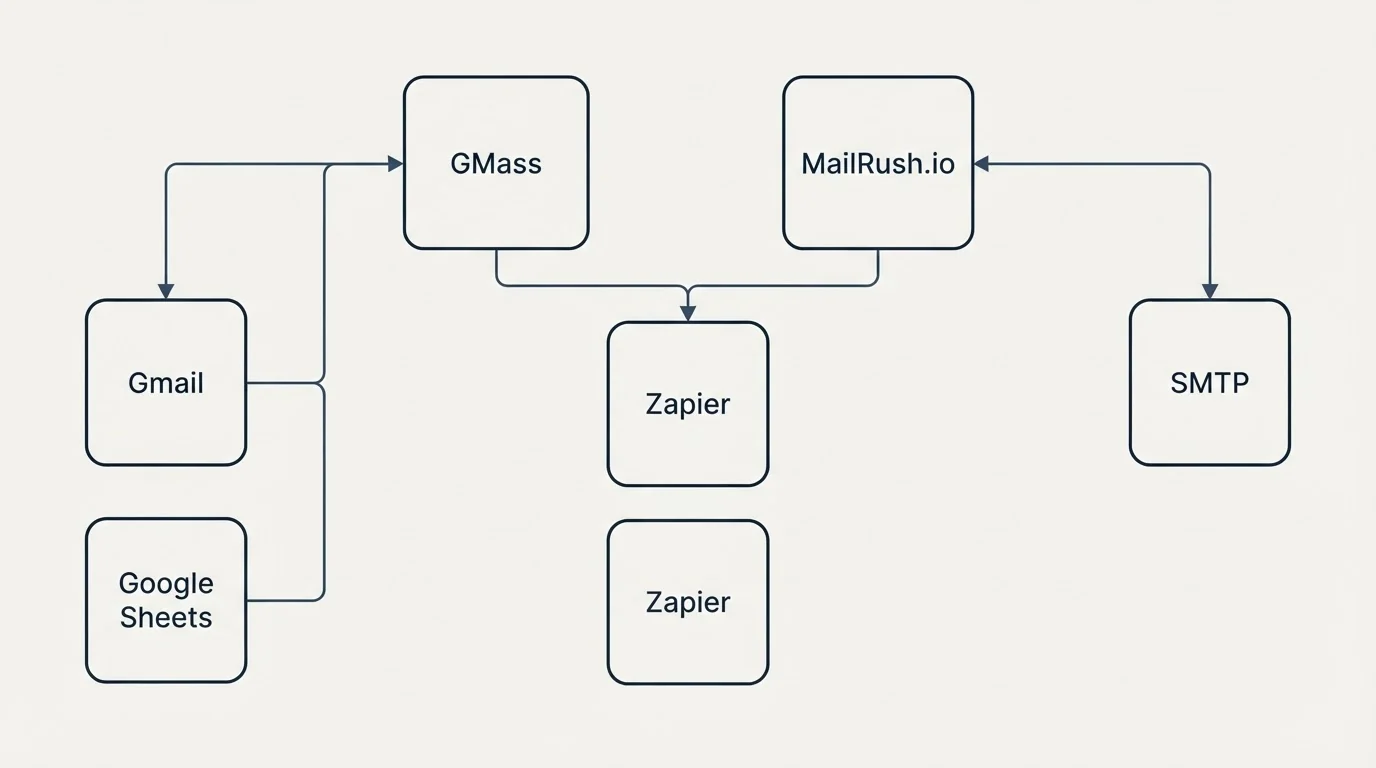 Integration grid: Integration Ecosystem (GMass, MailRush.io, Zapier, Gmail)