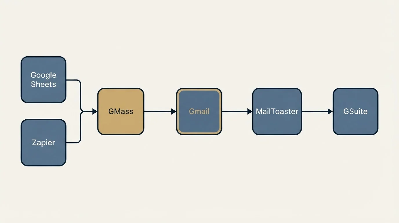 Integration flow: Integration Ecosystem (GMass, MailToaster, Gmail, Google Sheets)