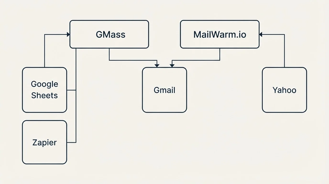 Integration grid: Integration Ecosystem (GMass, MailWarm.io, Gmail, Google Sheets)