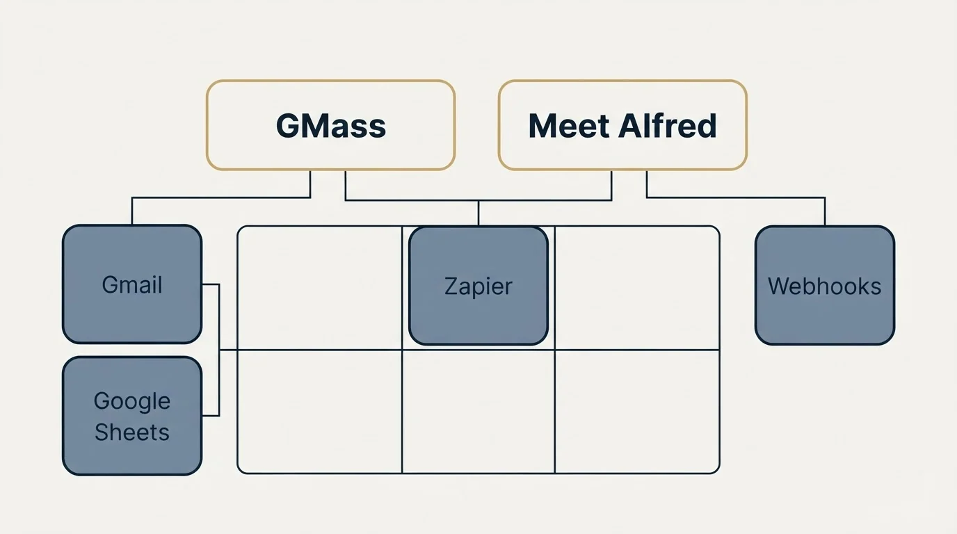 Integration grid: Integration Ecosystem (GMass, Meet Alfred, Zapier, Gmail)
