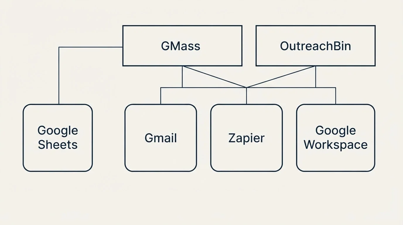 Integration grid: Integration Ecosystem (GMass, OutreachBin, Gmail, Zapier)