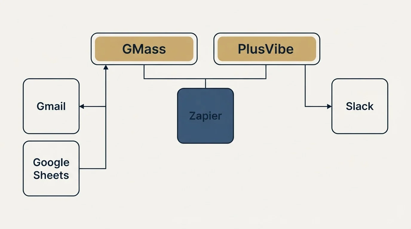 Integration grid: Integration Ecosystem (GMass, PlusVibe, Zapier, Gmail)
