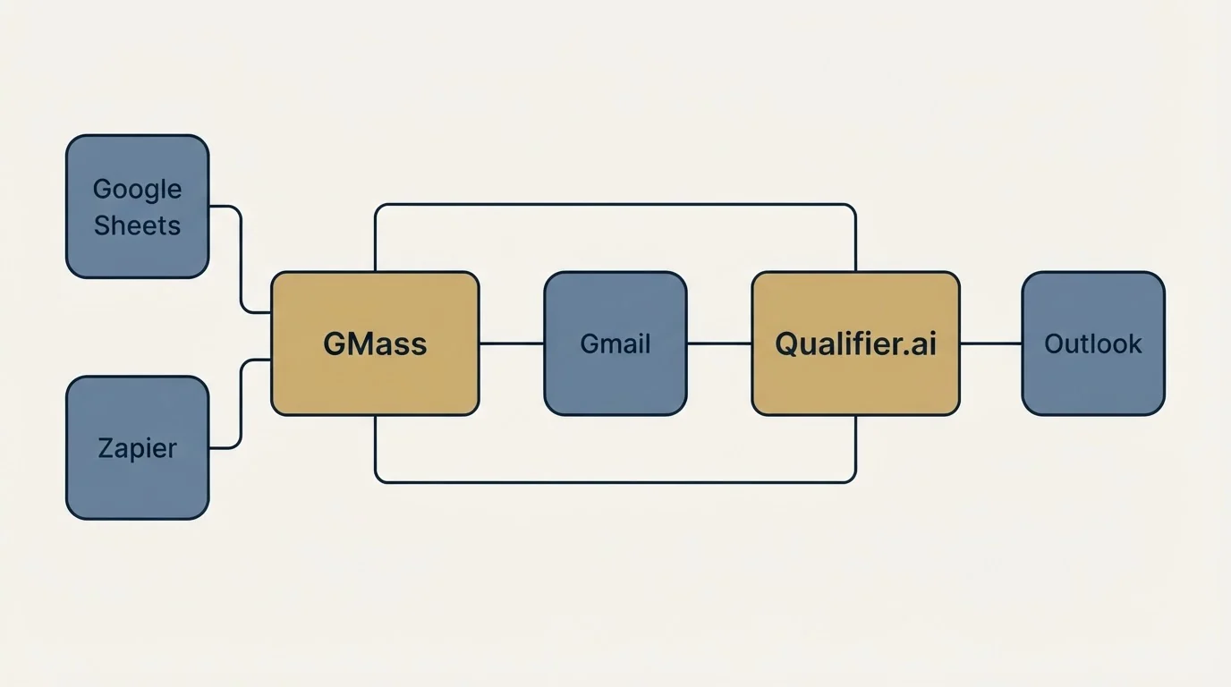 Integration schematic: Integration Ecosystem (GMass, Qualifier.ai, Gmail, Google Sheets)