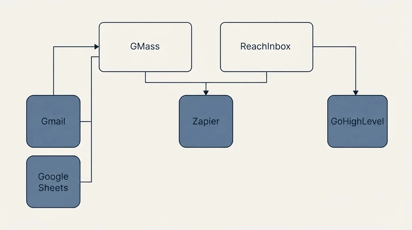 Integration grid: Integration Ecosystem (GMass, ReachInbox, Zapier, Gmail)