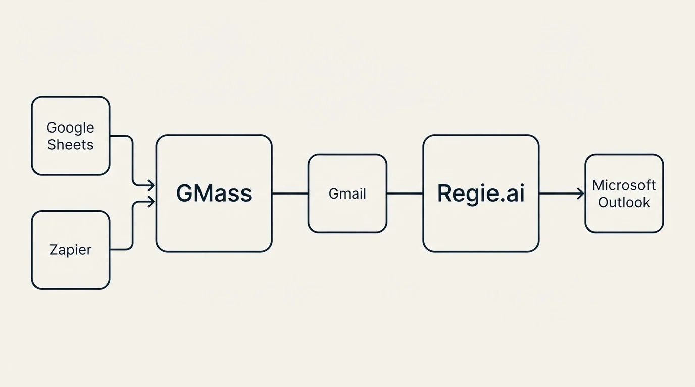 Integration flow: Integration Ecosystem (GMass, Regie.ai, Gmail, Google Sheets)