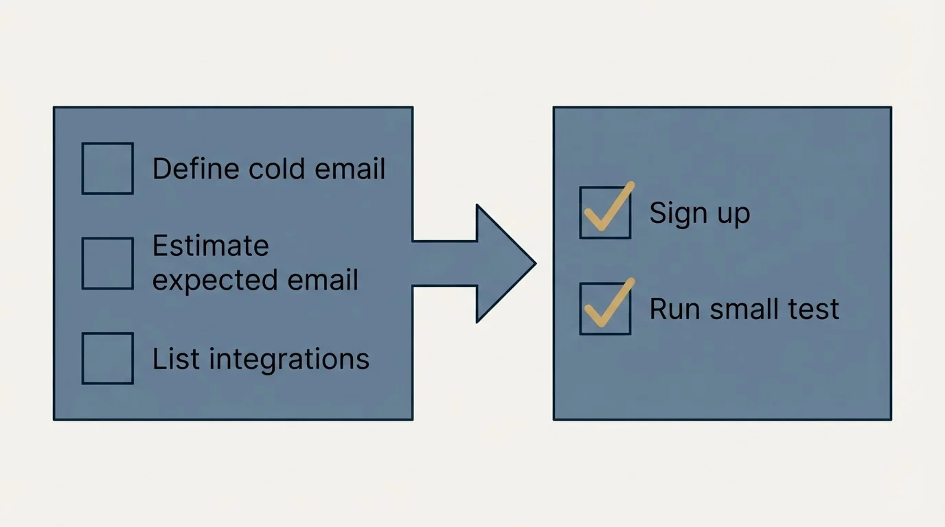 Before-and-after steps: Getting Started Checklist (Define cold email, Estimate expected email, List integrations, Sign up)