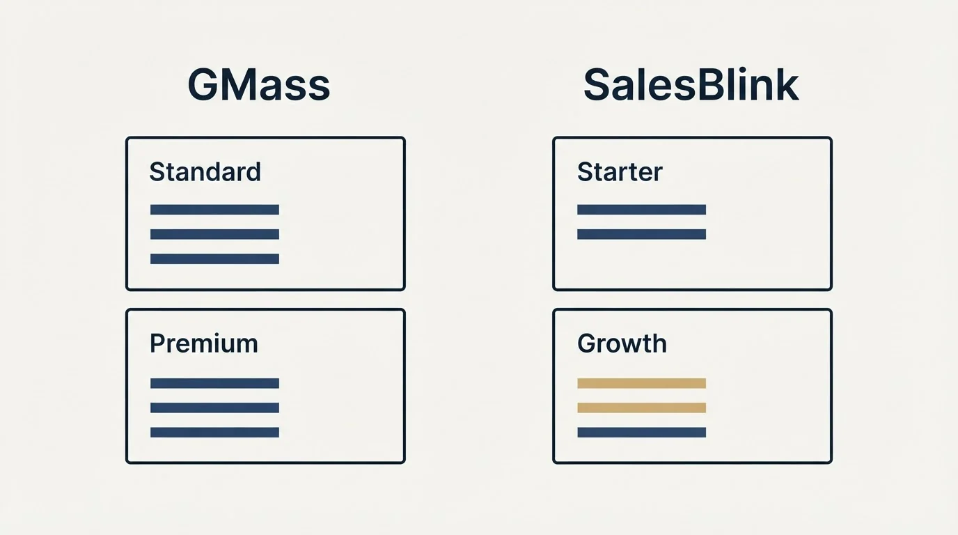 Pricing panels: Pricing Comparison (GMass, SalesBlink, Standard, Starter)