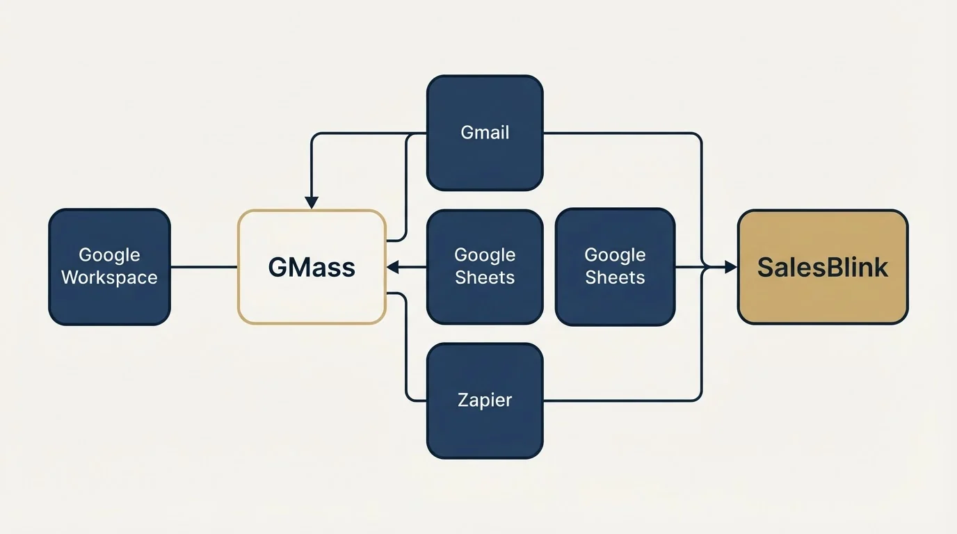 Integration schematic: Integration Ecosystem (GMass, SalesBlink, Gmail, Google Sheets)