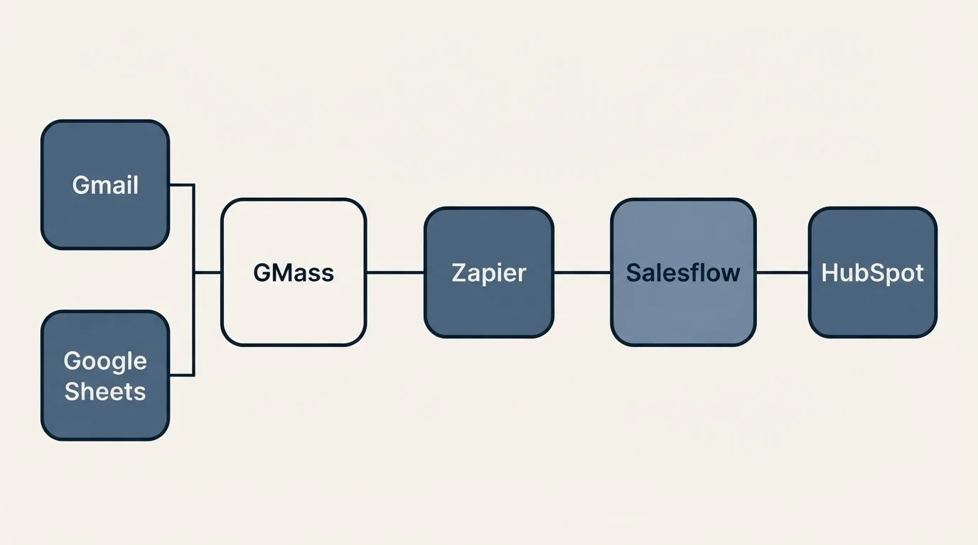 Integration schematic: Integration Ecosystem (GMass, Salesflow, Zapier, Gmail)