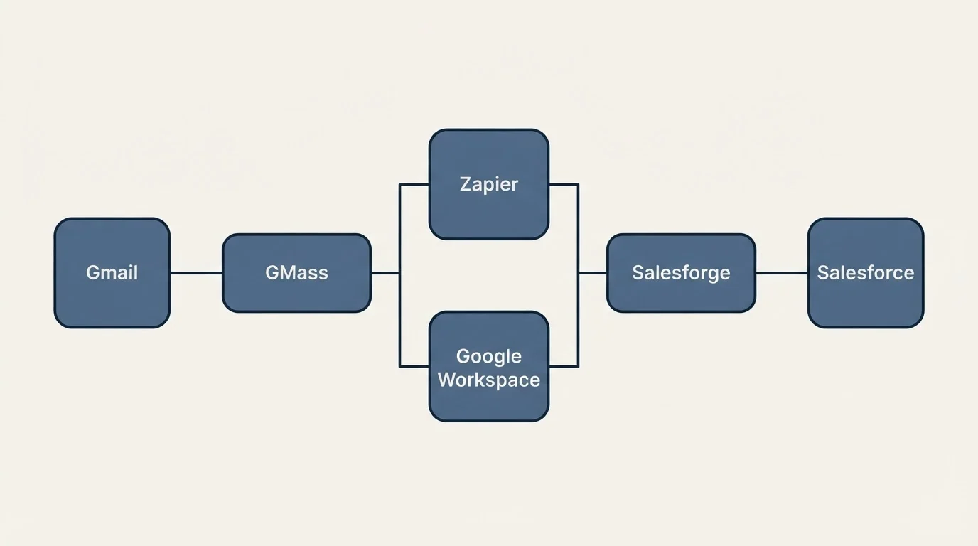 Integration flow: Integration Ecosystem (GMass, Salesforge, Zapier, Google Workspace)