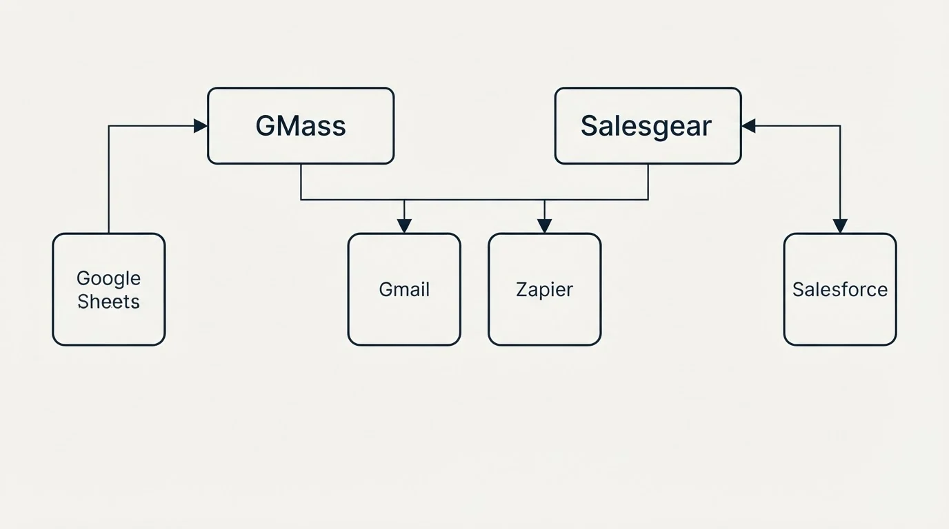 Integration grid: Integration Ecosystem (GMass, Salesgear, Gmail, Zapier)