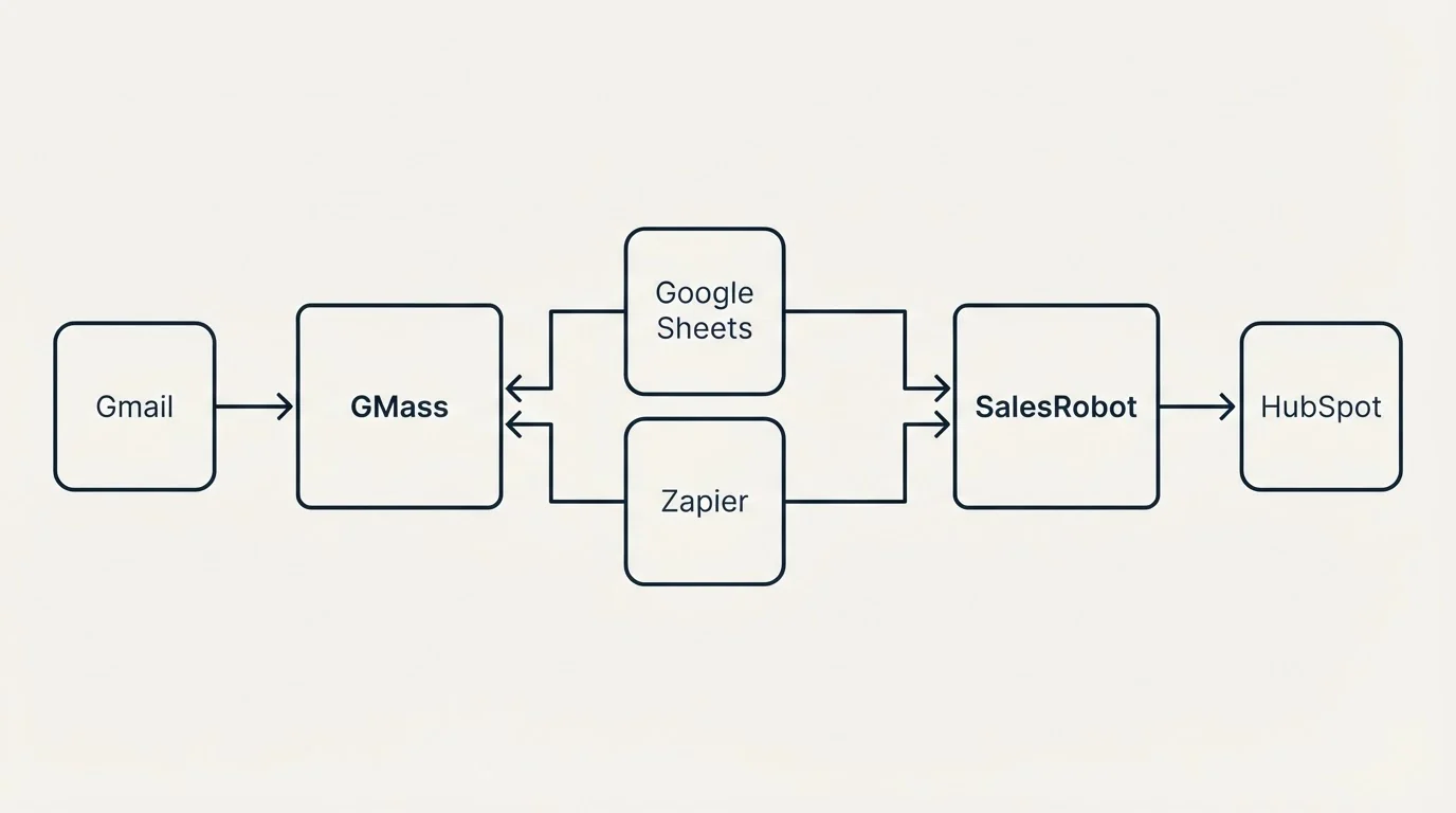 Integration schematic: Integration Ecosystem (GMass, SalesRobot, Google Sheets, Zapier)