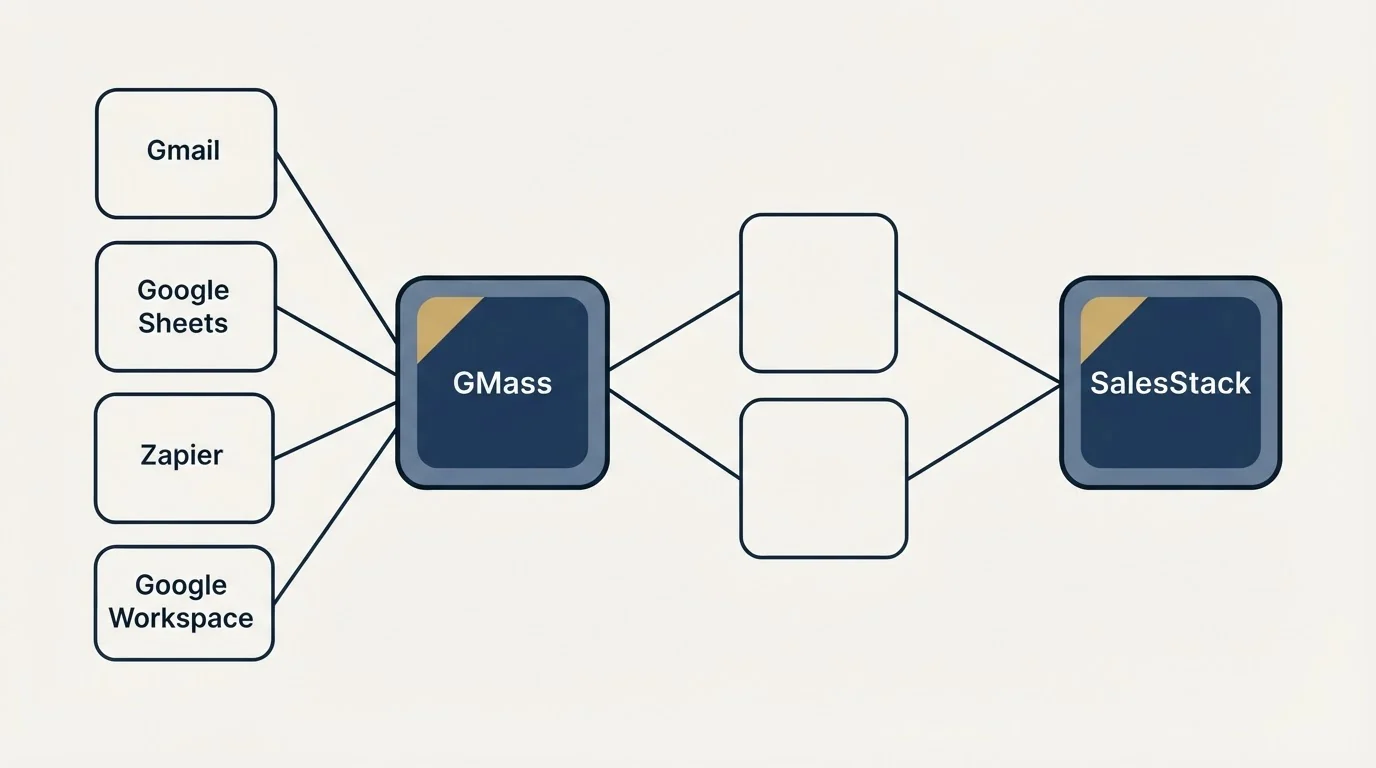 Integration schematic: Integration Ecosystem (GMass, SalesStack, Gmail, Google Sheets)
