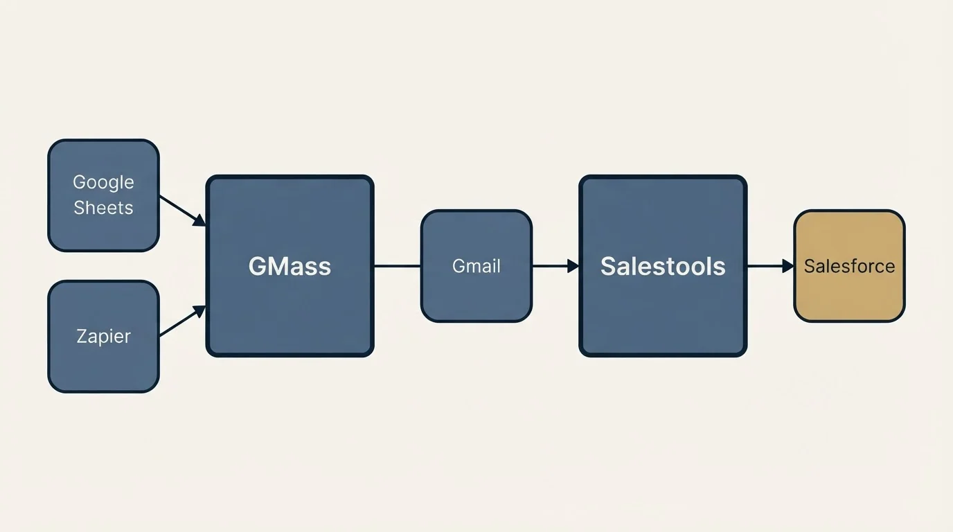Integration schematic: Integration Ecosystem (GMass, Salestools, Gmail, Google Sheets)