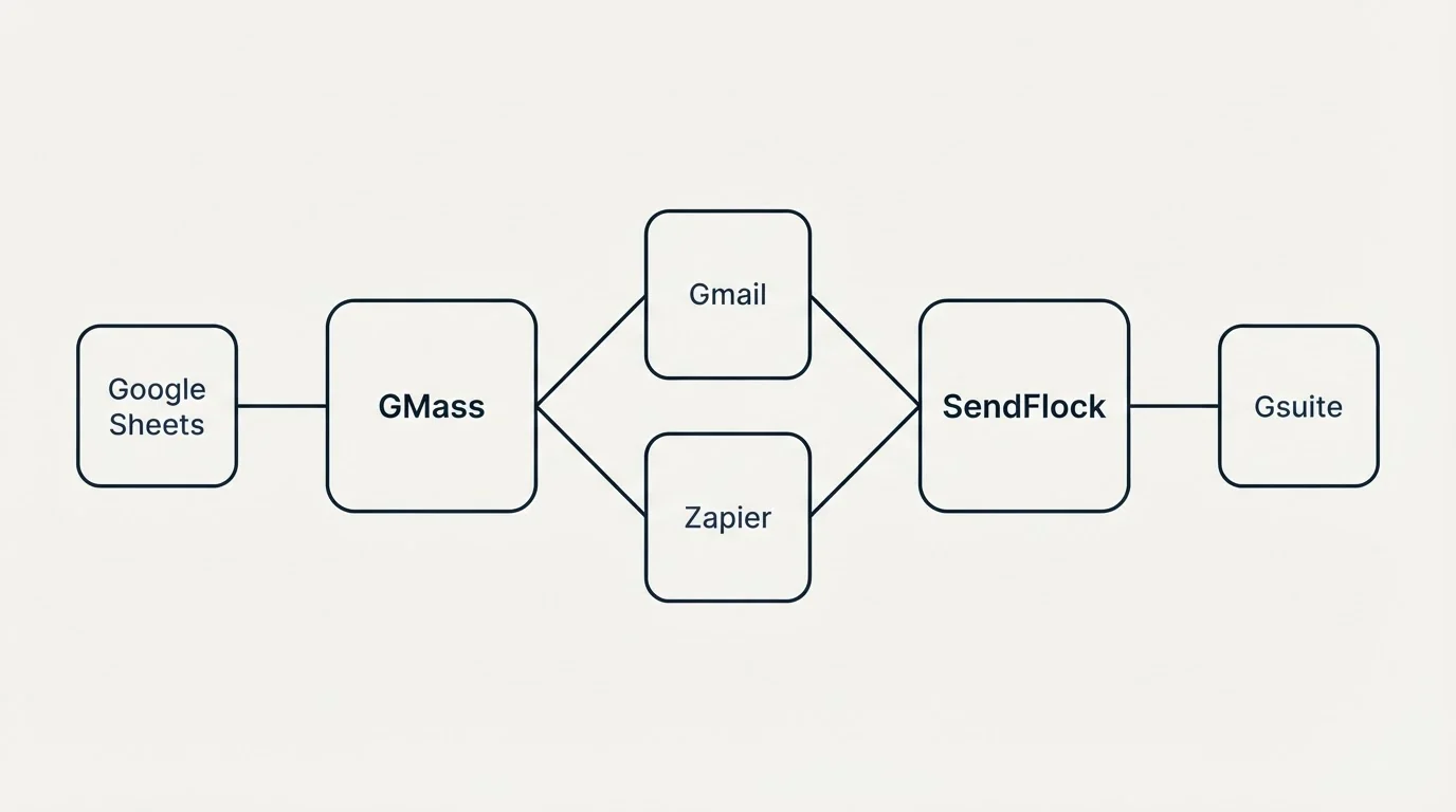 Integration schematic: Integration Ecosystem (GMass, SendFlock, Gmail, Zapier)