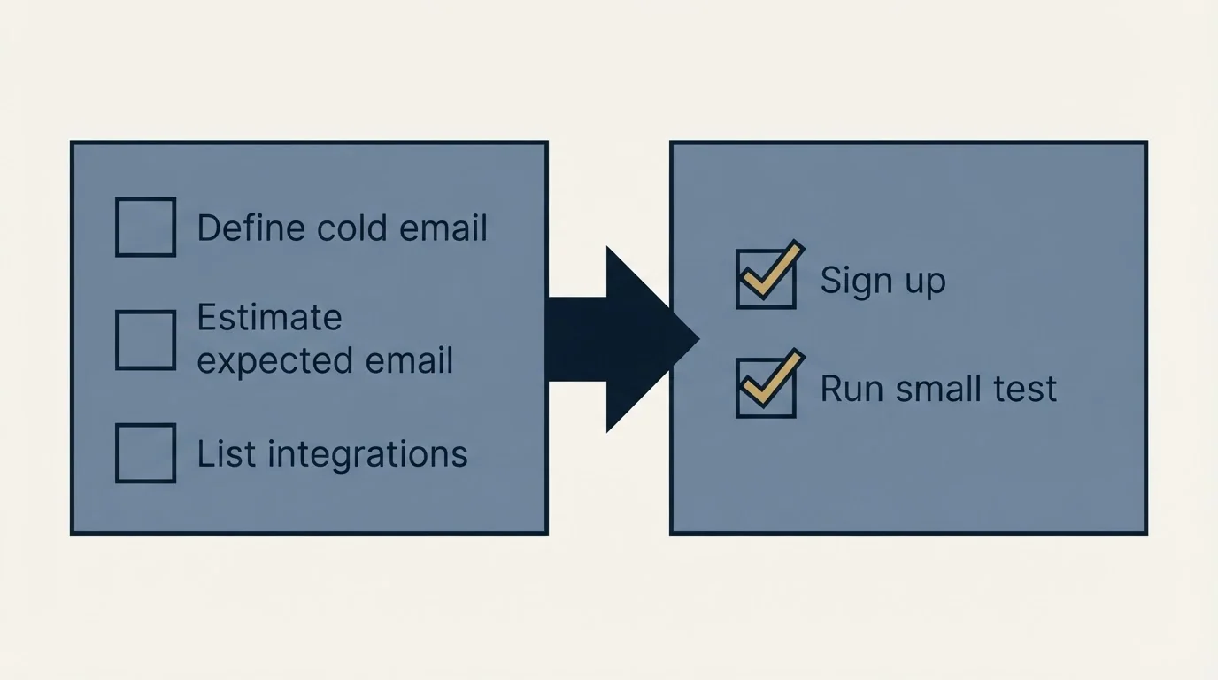 Before-and-after steps: Getting Started Checklist (Define cold email, Estimate expected email, List integrations, Sign up)
