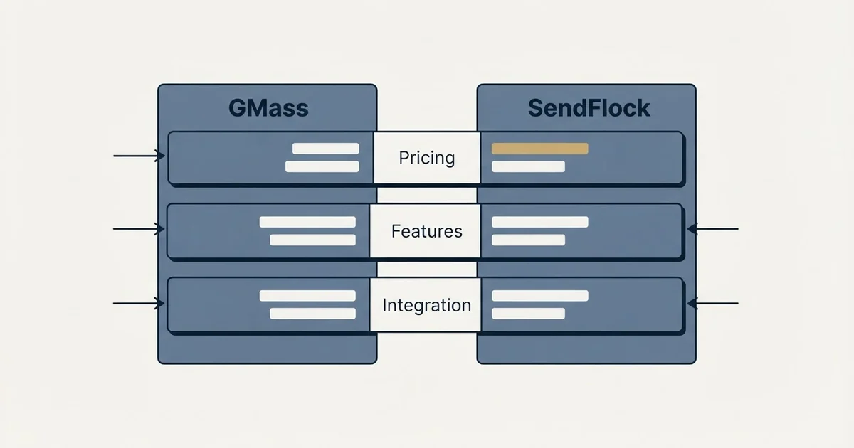 Comparison panel: GMass vs SendFlock (Pricing, Features, Integration)