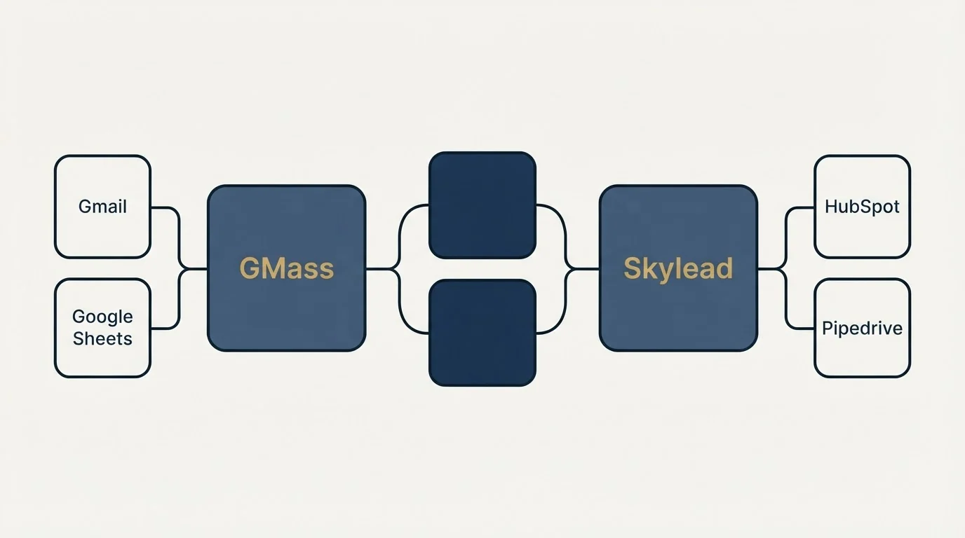 Integration schematic: Integration Ecosystem (GMass, Skylead, Gmail, HubSpot)