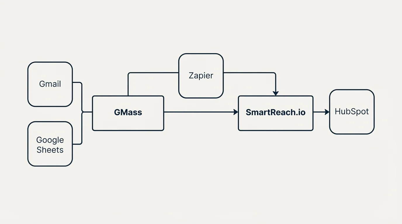 Integration schematic: Integration Ecosystem (GMass, SmartReach.io, Zapier, Gmail)