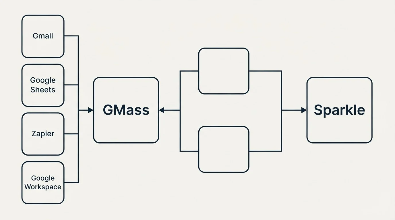 Integration schematic: Integration Ecosystem (GMass, Sparkle, Gmail, Google Sheets)