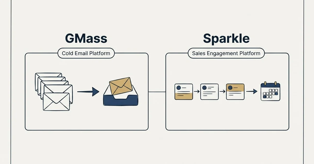 Side-by-side panels: GMass vs Sparkle (Cold Email Platform, Sales Engagement Platform)