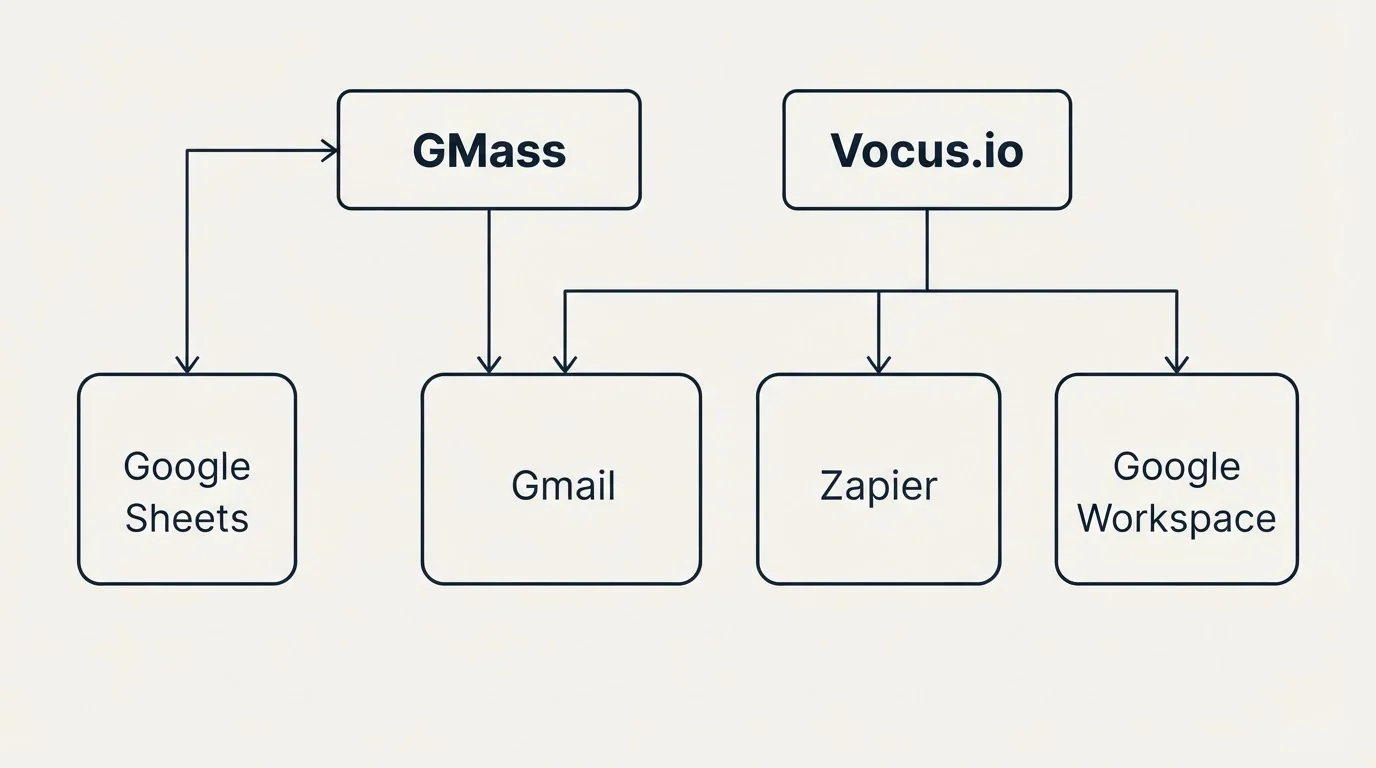 Integration grid: Integration Ecosystem (GMass, Vocus.io, Gmail, Zapier)