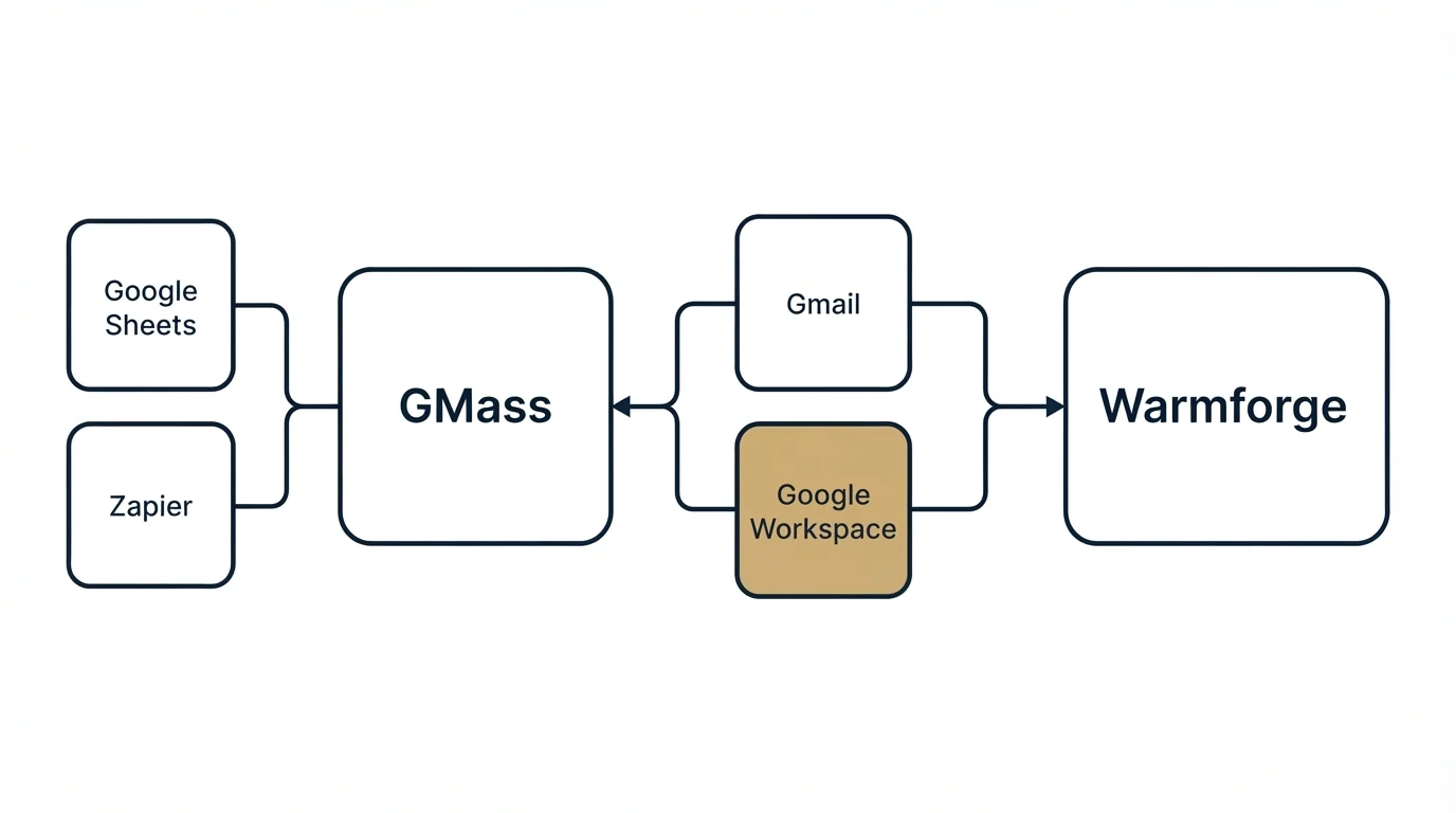 Integration schematic: Integration Ecosystem (GMass, Warmforge, Gmail, Google Workspace)