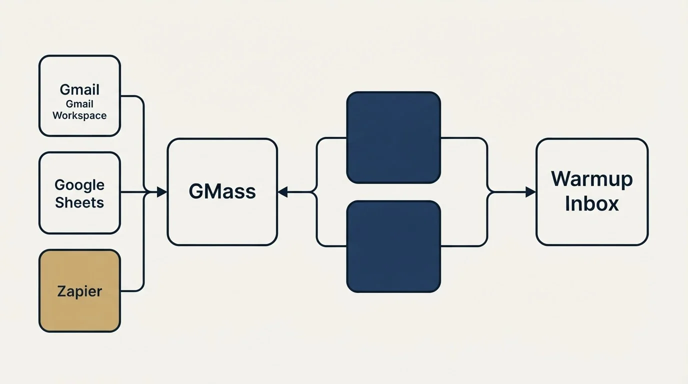 Integration schematic: Integration Ecosystem (GMass, Warmup Inbox, Gmail, Gmail Workspace)