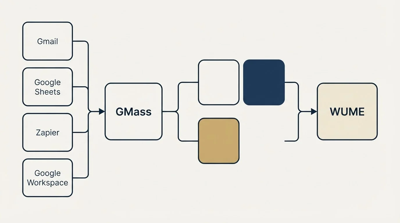 Integration schematic: Integration Ecosystem (GMass, WUME, Gmail, Google Sheets)