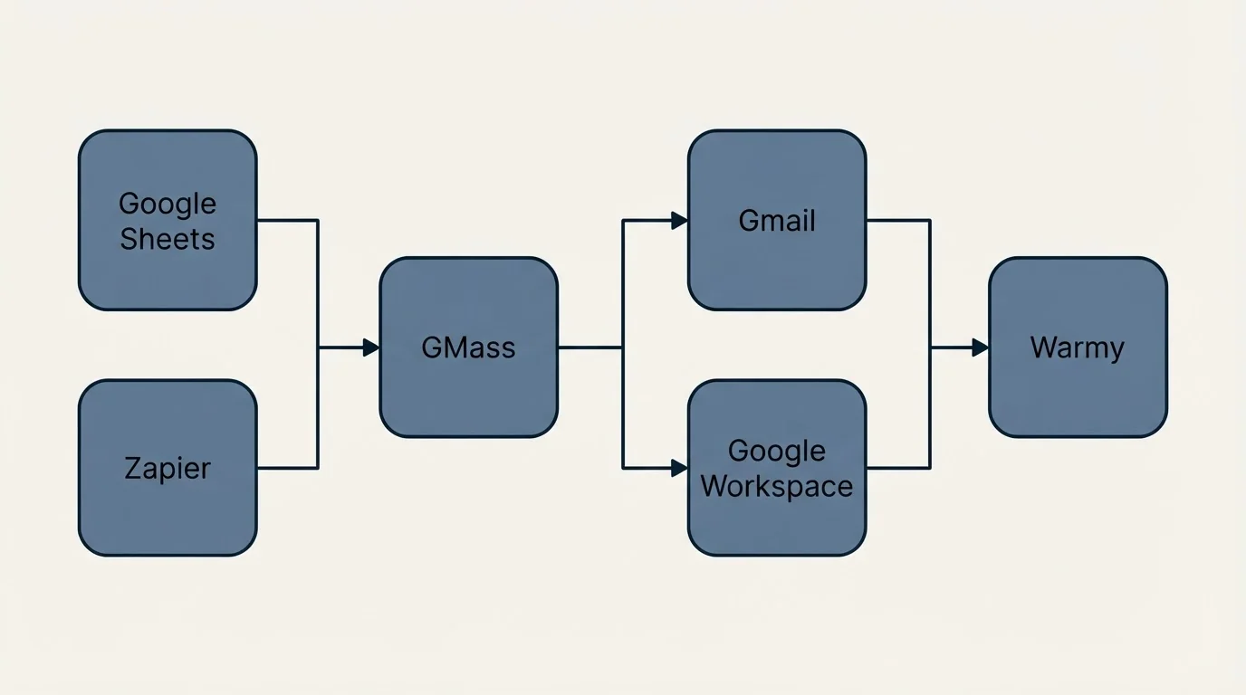 Integration flow: Integration Ecosystem (GMass, Warmy, Gmail, Google Workspace)