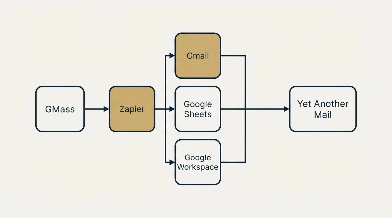 Integration flow: Integration Ecosystem (GMass, Yet Another Mail, Gmail, Google Sheets)