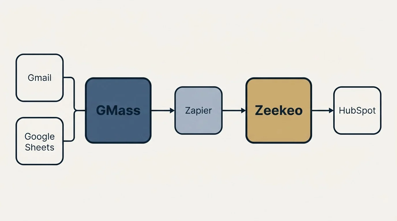 Integration schematic: Integration Ecosystem (GMass, Zeekeo, Zapier, Gmail)