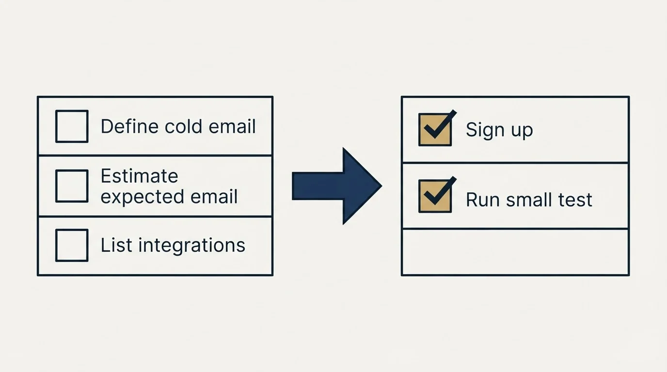 Before-and-after steps: Getting Started Checklist (Define cold email, Estimate expected email, List integrations, Sign up)