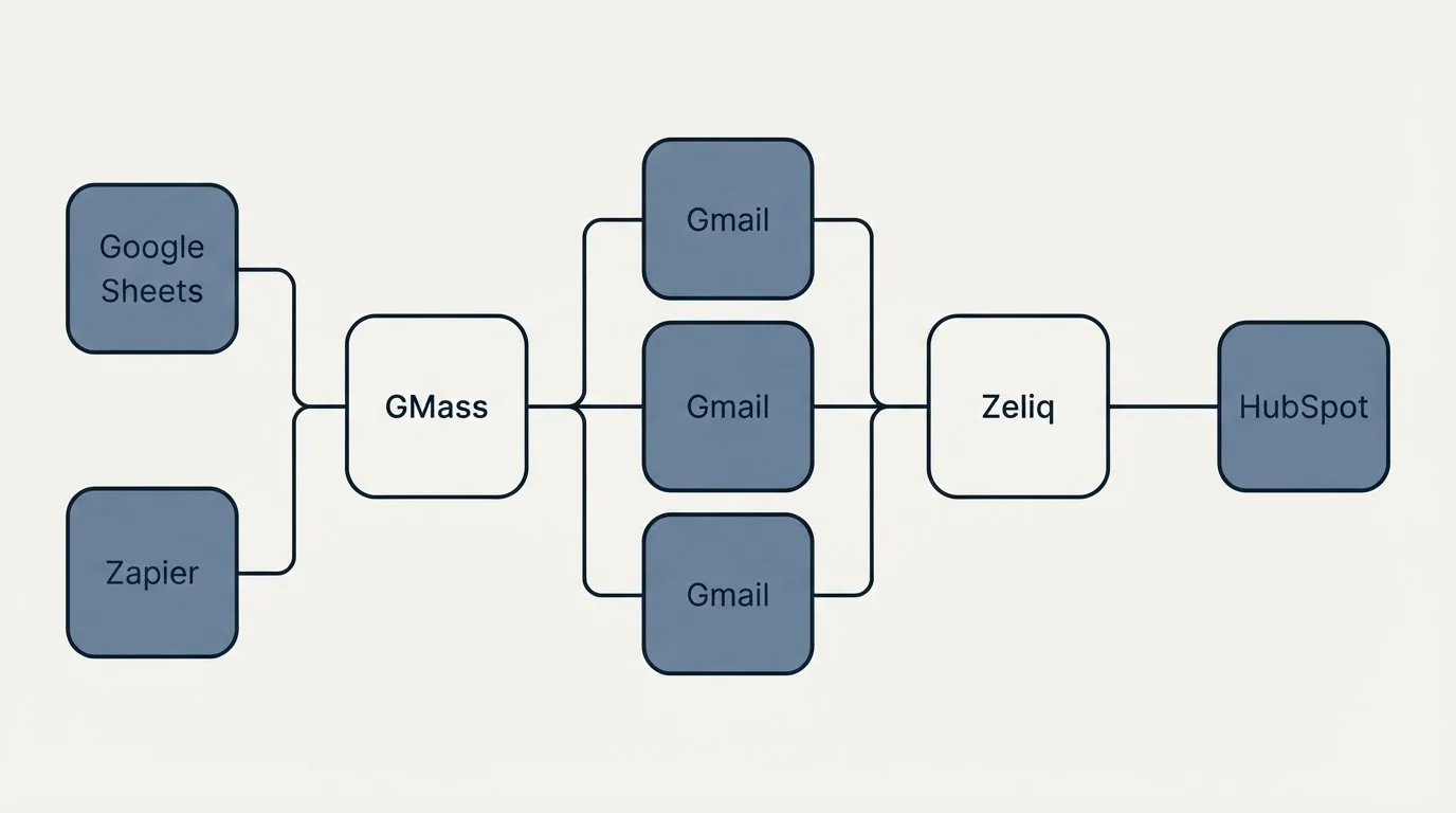 Integration flow: Integration Ecosystem (GMass, Zeliq, Gmail, Google Sheets)