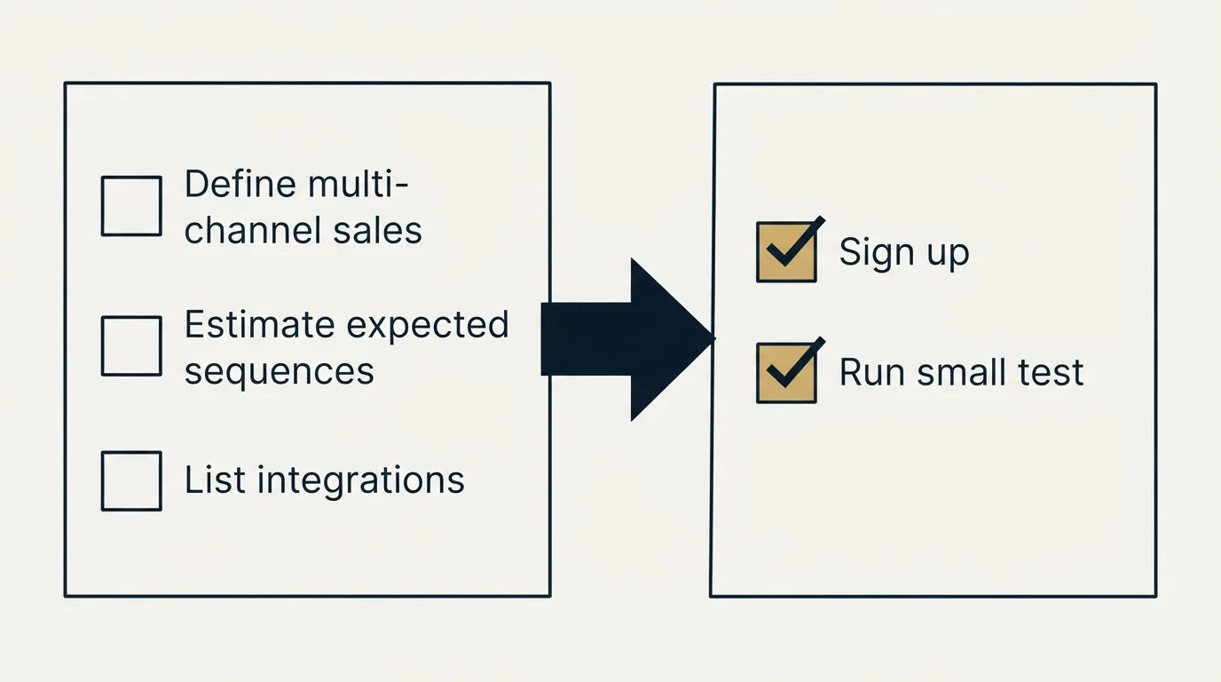 Before-and-after steps: Getting Started Checklist (Define multi-channel sales, Estimate expected sequences, List integrations, Sign up)
